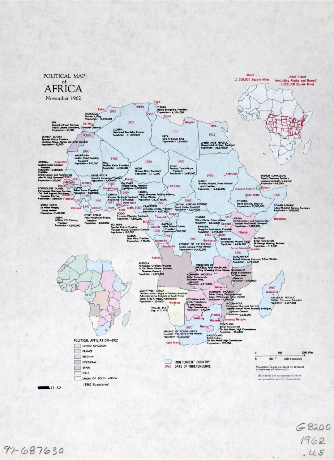 Mapa grande detallada política de África con las marcas de las ciudades capitales - Noviembre de 1962