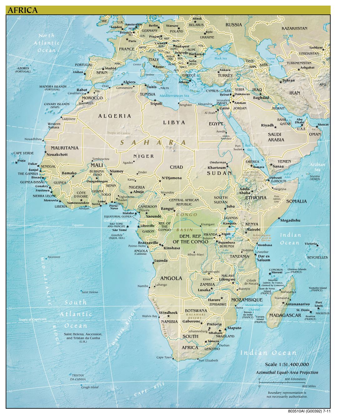 Mapa grande política detallada de África, con alivio, las principales ciudades y capitales - 2011