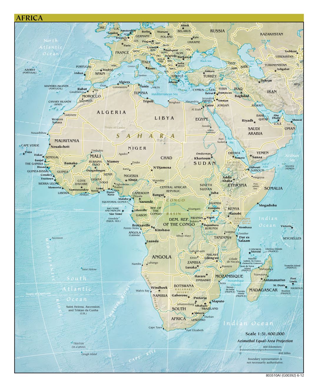 Mapa grande política detallada de África, con alivio, las principales ciudades y capitales - 2012