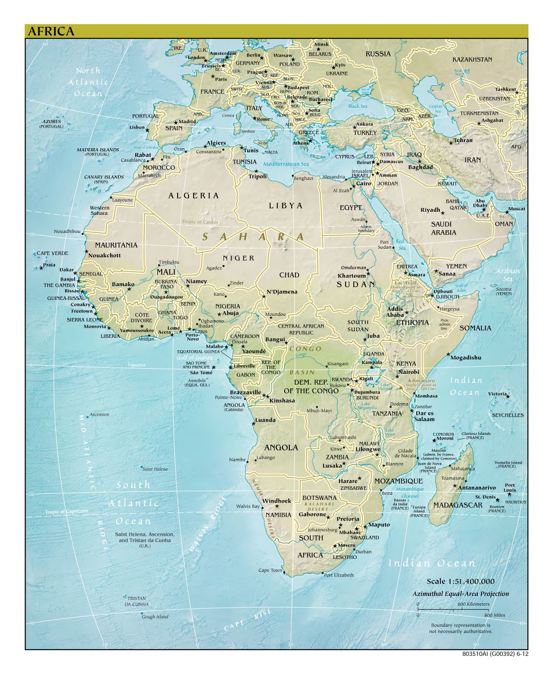 Mapa grande política detallada de África, con alivio, las principales ciudades y capitales - 2012