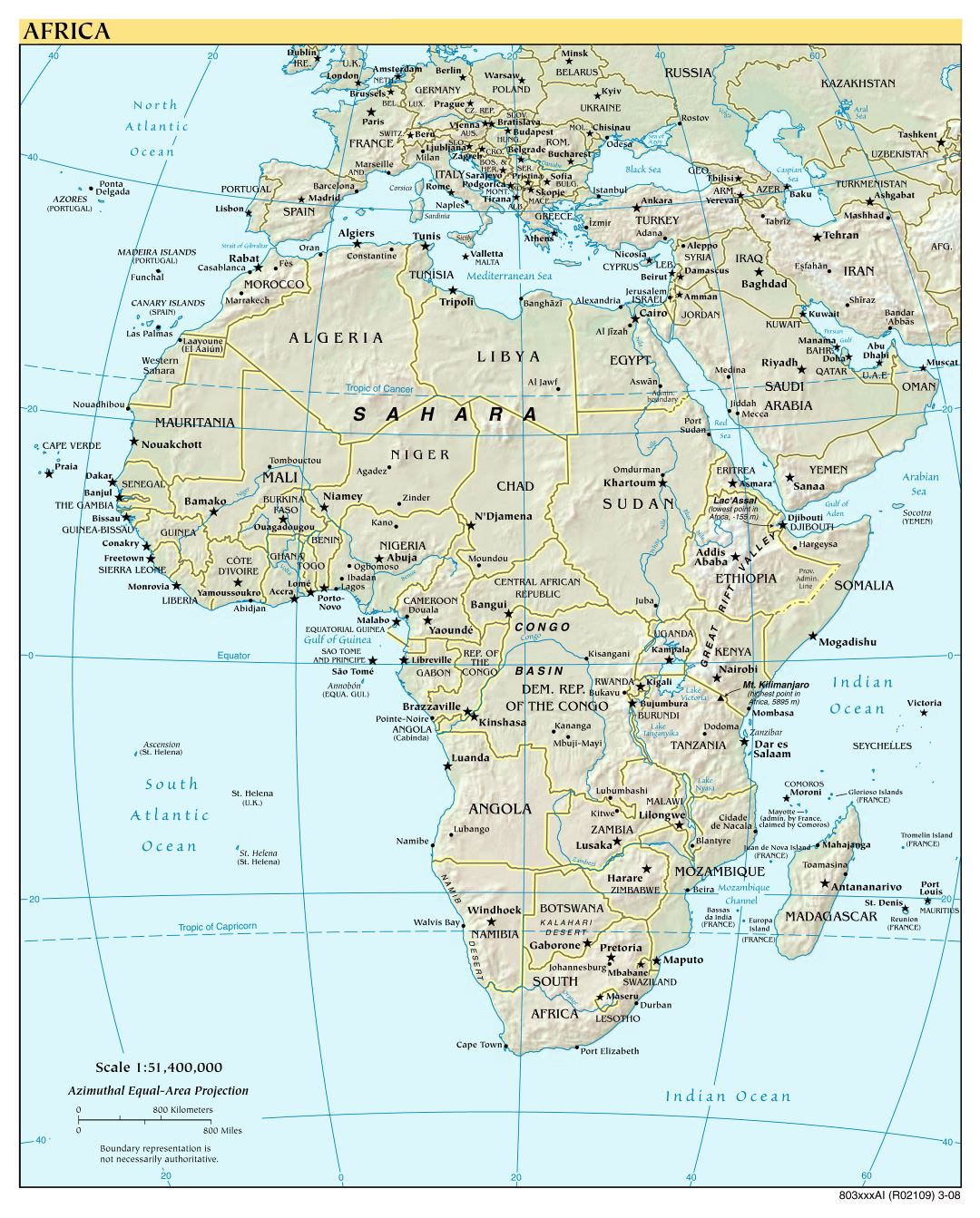 Mapa grande política detallada de África con alivio y capitales - 2008