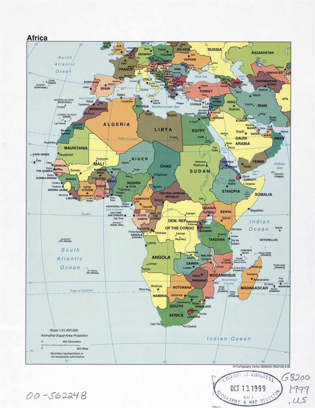 Mapa grande política detallada de África con las marcas de las capitales, ciudades importantes y nombres de los estados - 1999
