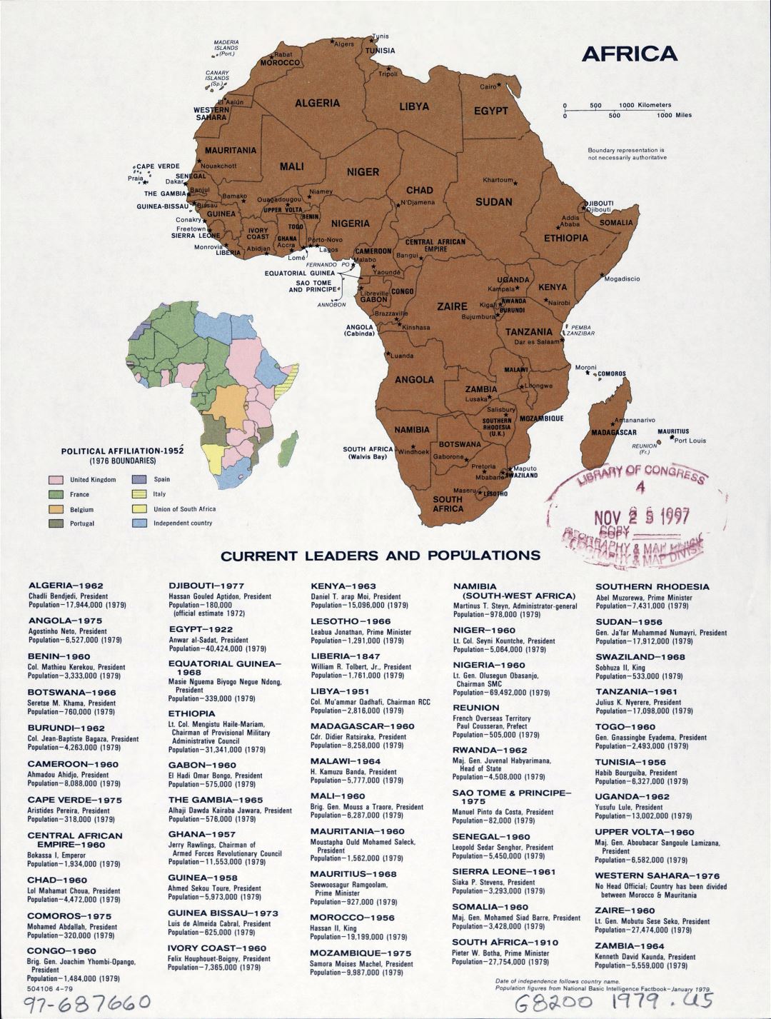 Mapa grande política detallada de África con las marcas de las ciudades capitales - Abril de 1979