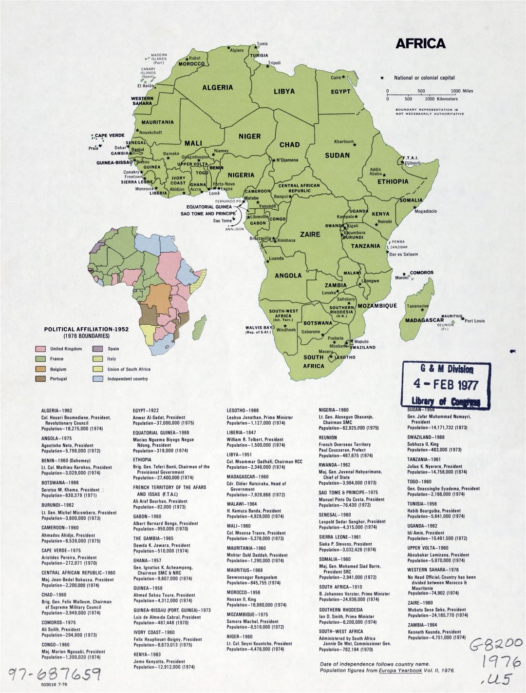 Mapa grande política detallada de África con las marcas de las ciudades capitales - Julio de 1976