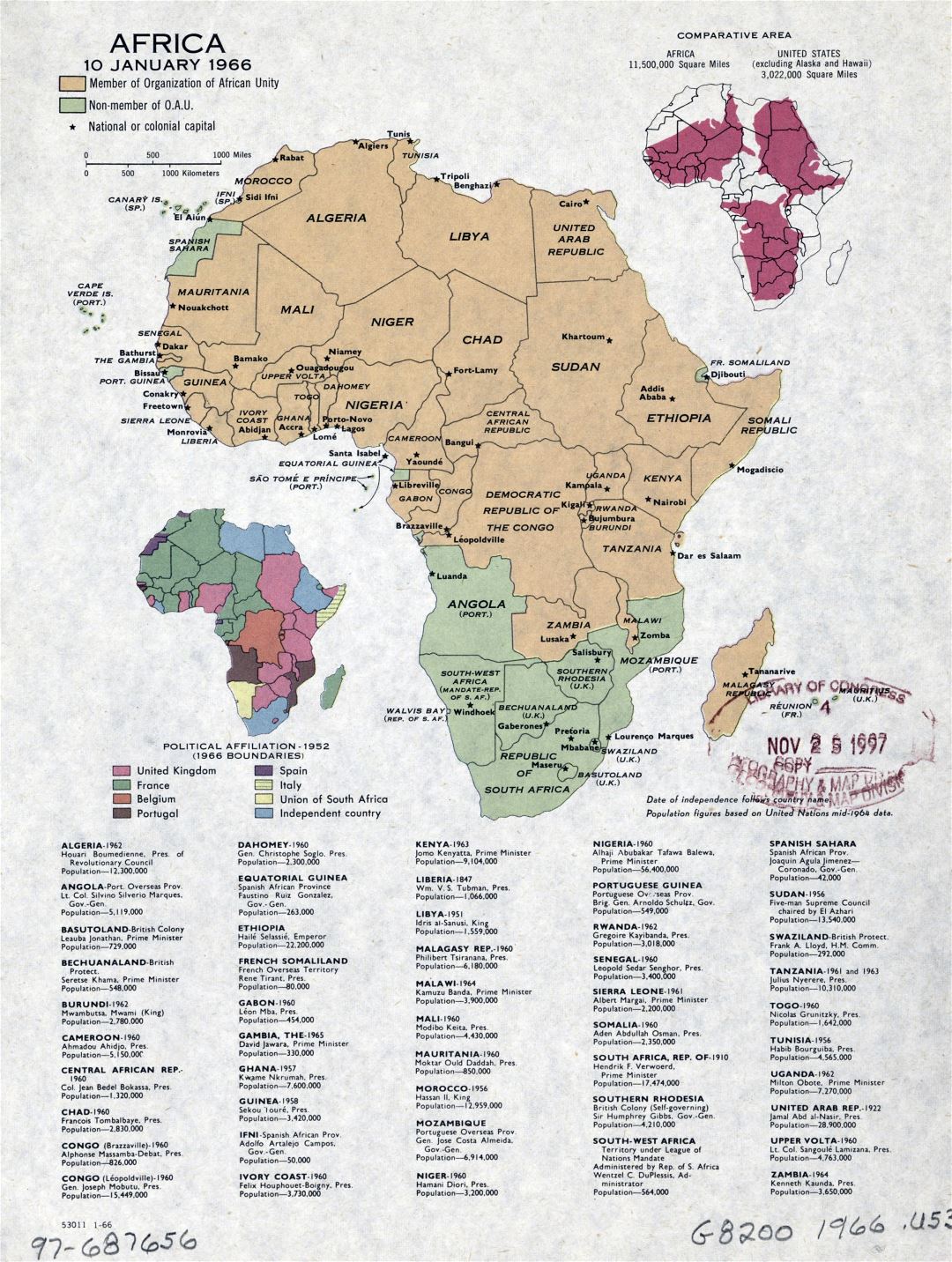 Mapa grande política detallada de África, con marcas de capitales - enero de 1966