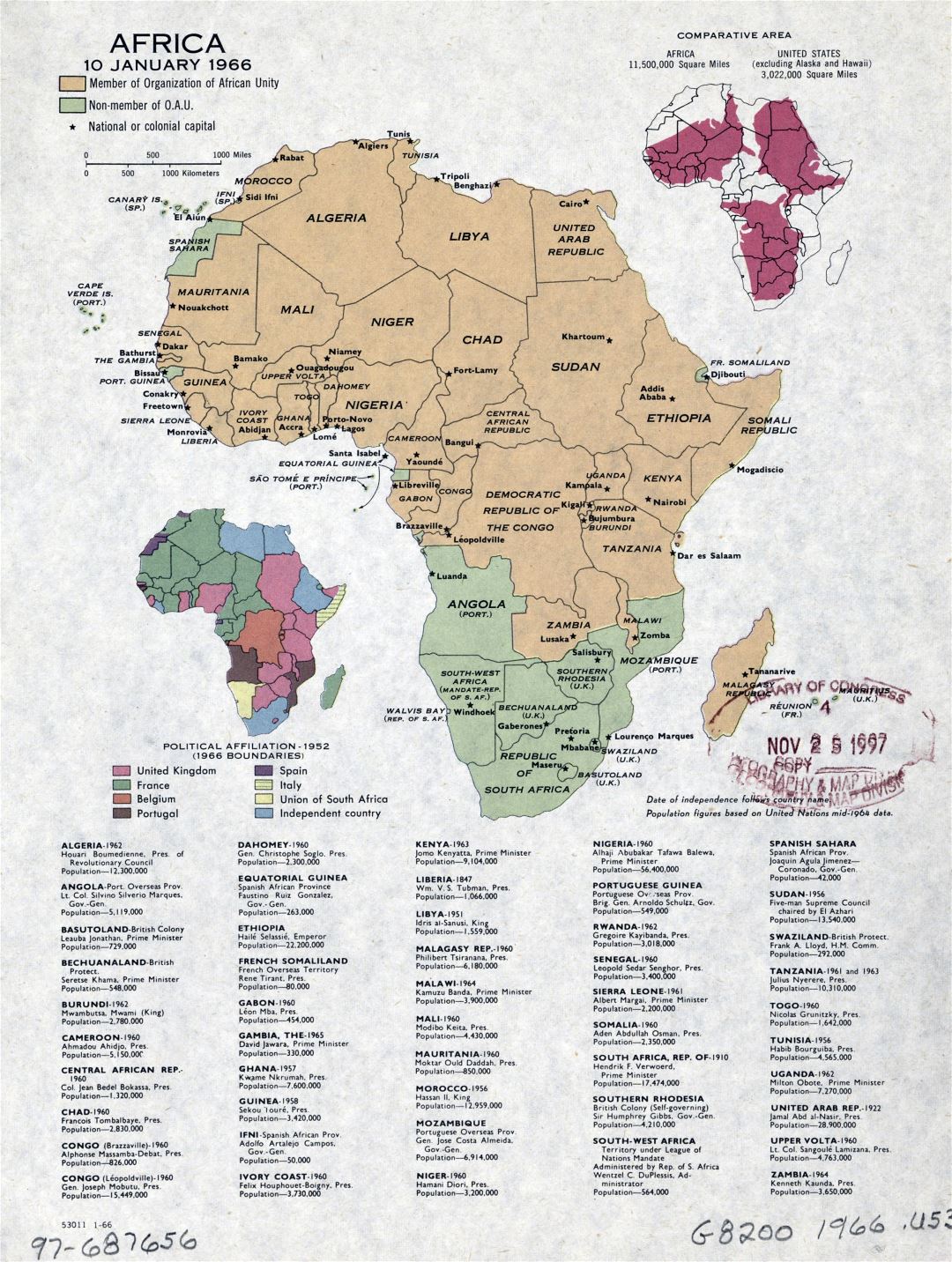 Mapa grande política detallada de África, con marcas de capitales - enero de 1966