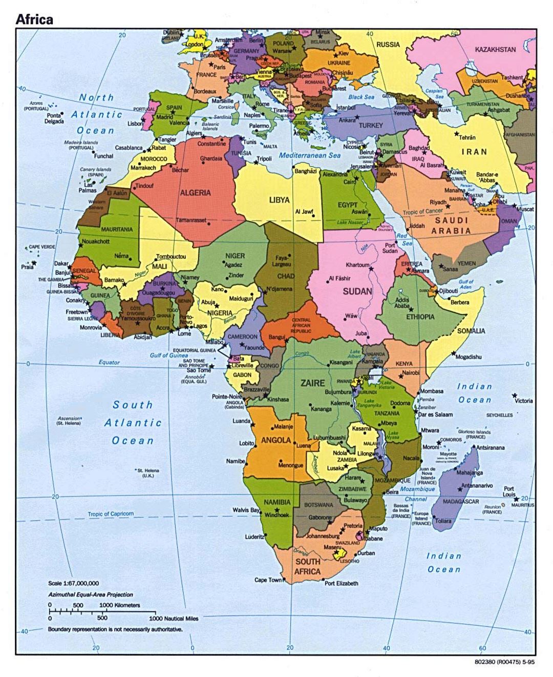 Mapa político de África con las principales ciudades y capitales - 1995