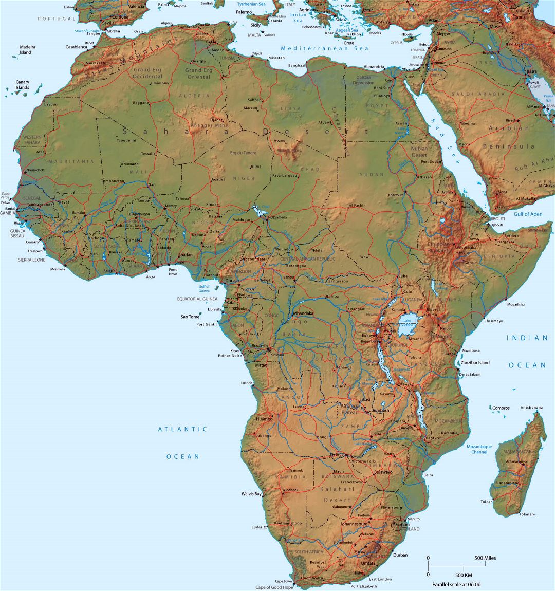 Mapa político detallada de África con alivio