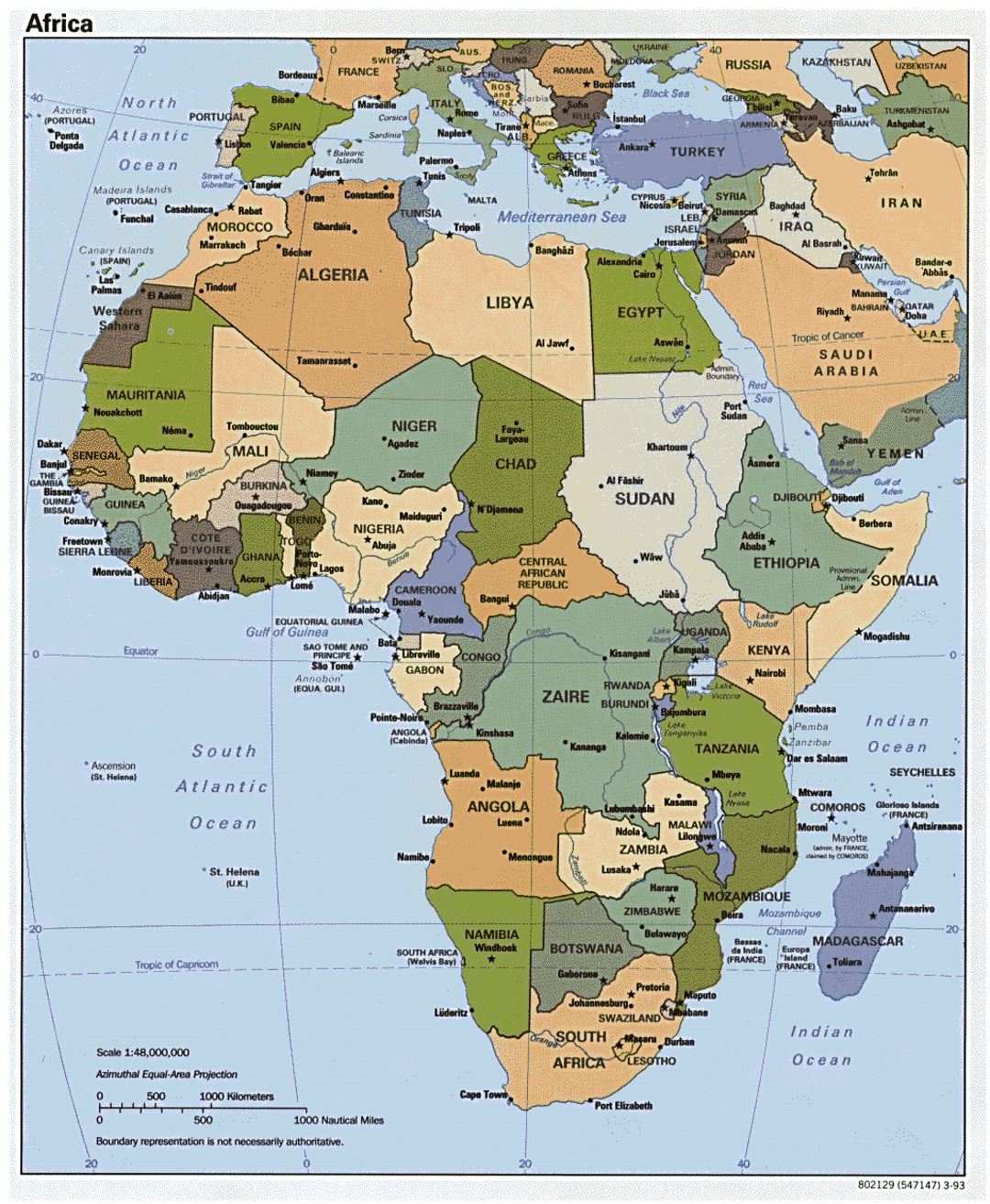 Mapa político detallada de África con las principales ciudades y capitales - 1993