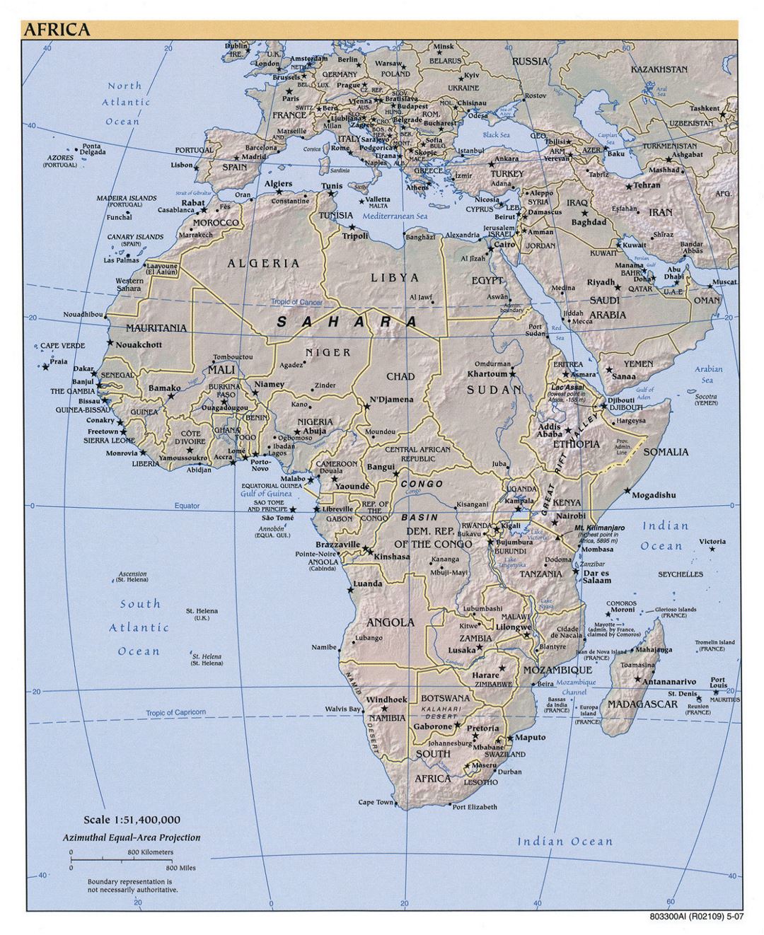 Mapa político grande de África, con alivio, las principales ciudades y capitales - 2007