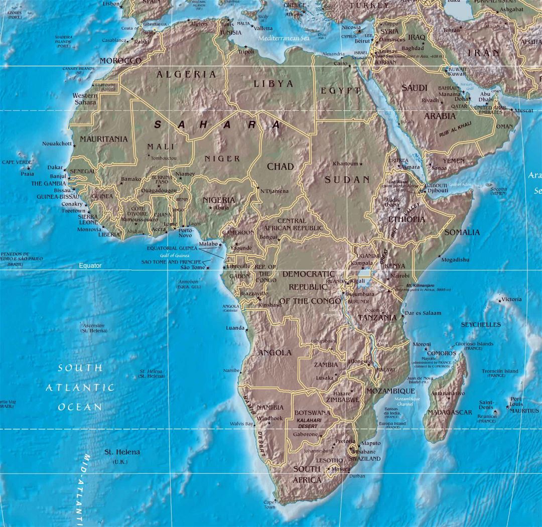 Mapa político grande de África con alivio