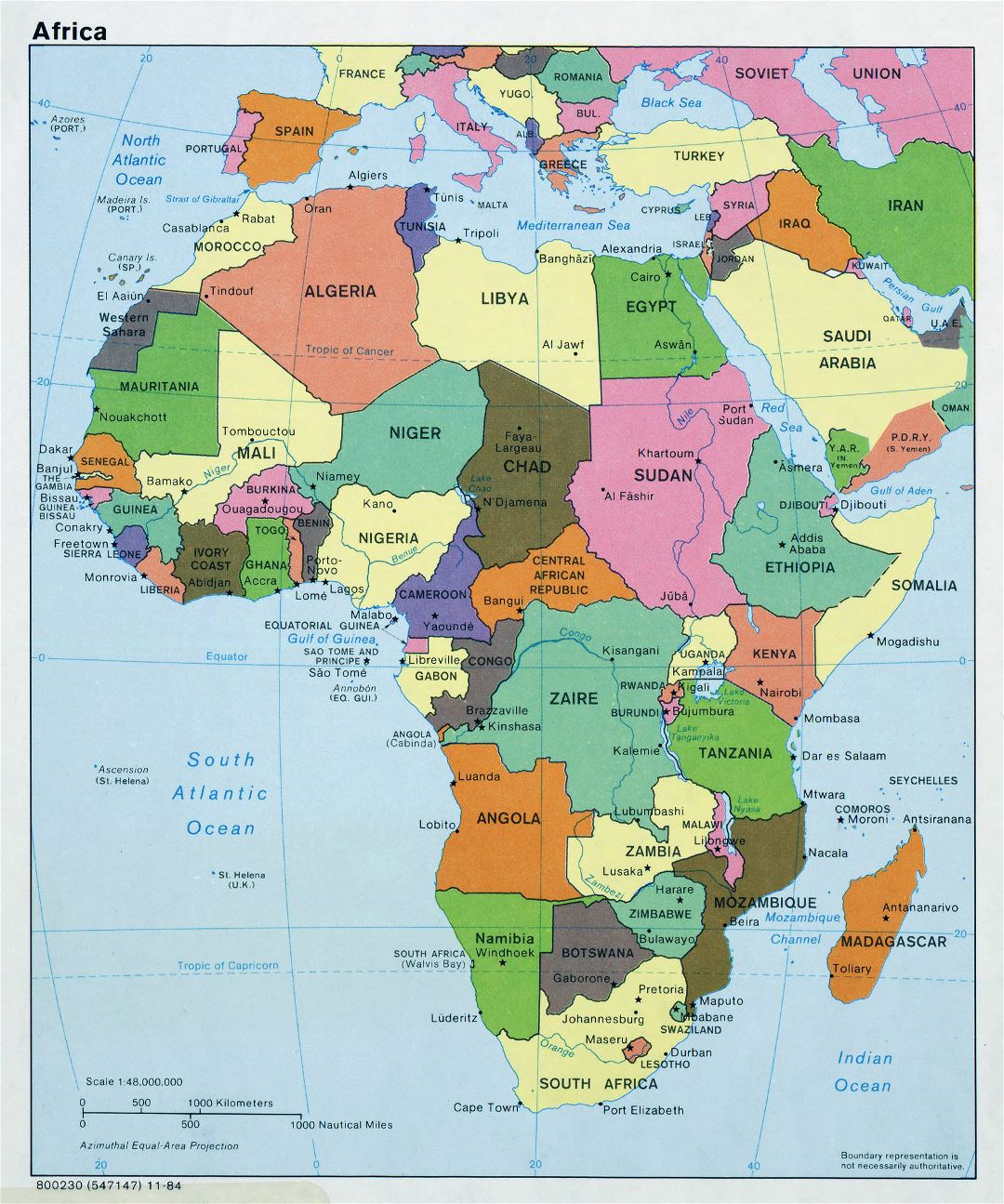 Mapa político grande de África, con capitales - 1984