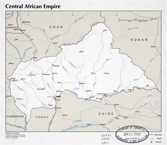 A gran escala mapa político de Imperio Centroafricano con carreteras, ciudades y aeropuertos - 1977