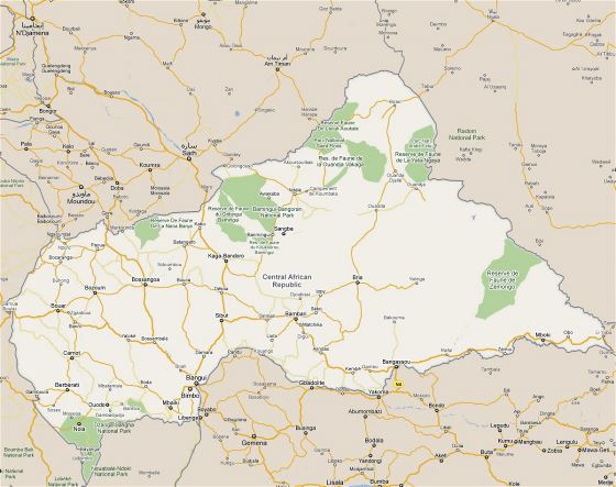 Detallado mapa de carreteras de República Centroafricana con todas ciudades
