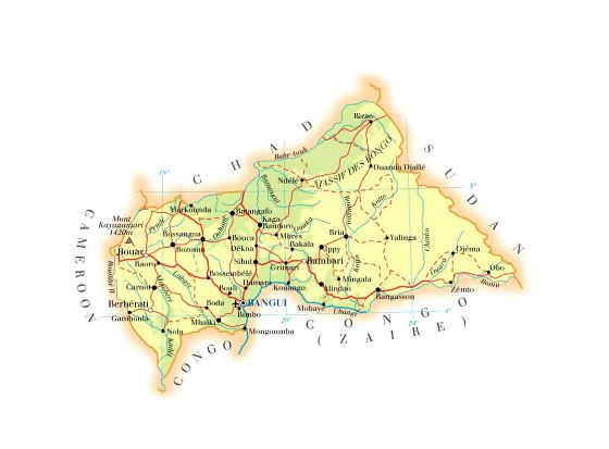 Detallado mapa de elevación de República Centroafricana con carreteras, ciudades y aeropuertos