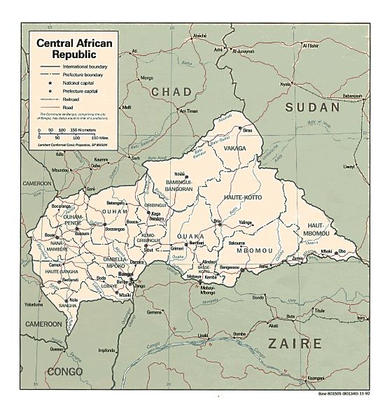 Detallado mapa político y administrativo de República Centroafricana con carreteras, ferrocarriles y principales ciudades - 1992
