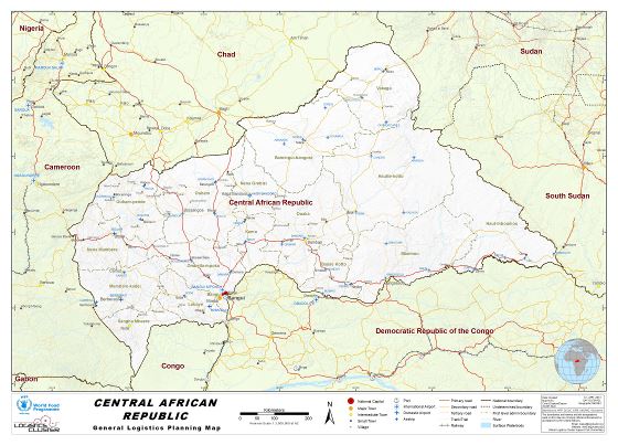 Grande detallado mapa de República Centroafricana con otras marcas