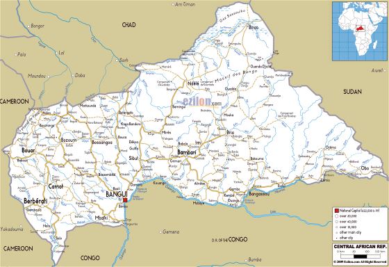 Grande mapa de carretera de República Centroafricana con ciudades y aeropuertos