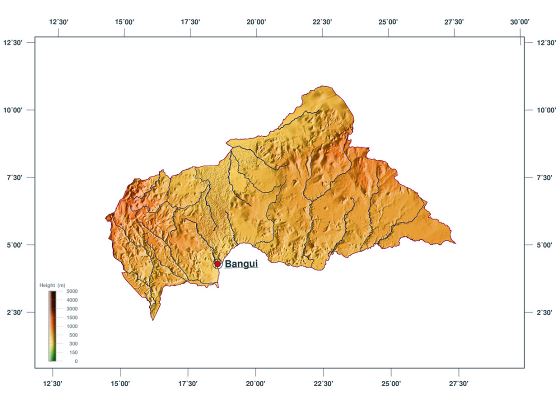 Grande mapa de elevación de República Centroafricana