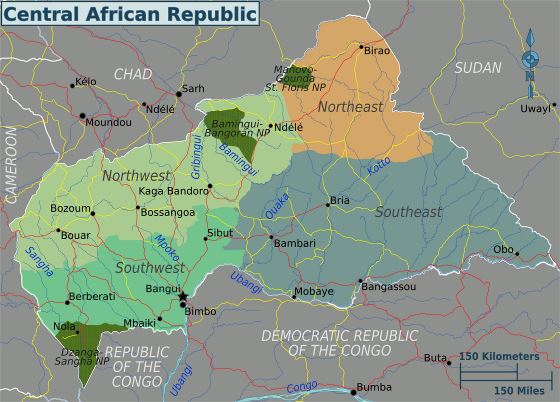 Grande mapa de regiones de República Centroafricana