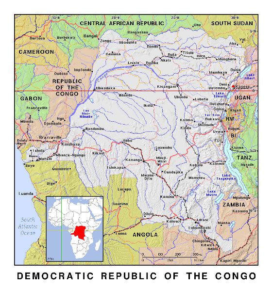 Detallado mapa político de República Democrática del Congo con relieve