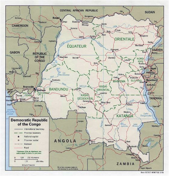 Detallado mapa político y administrativo de República Democrática del Congo con carreteras, ferrocarriles y principales ciudades - 1998