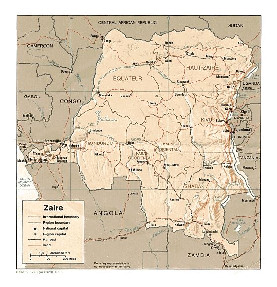 Detallado mapa político y administrativo de República Democrática del Congo con relieve, carreteras, ferrocarriles y principales ciudades - 1983
