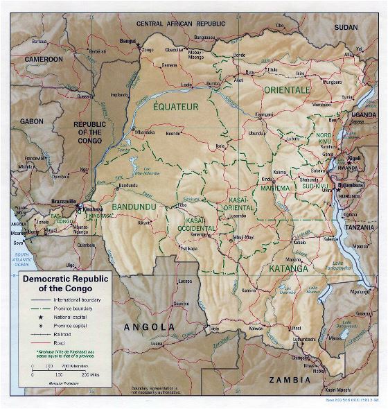 Detallado mapa político y administrativo de República Democrática del Congo con relieve, carreteras, ferrocarriles y principales ciudades - 1998
