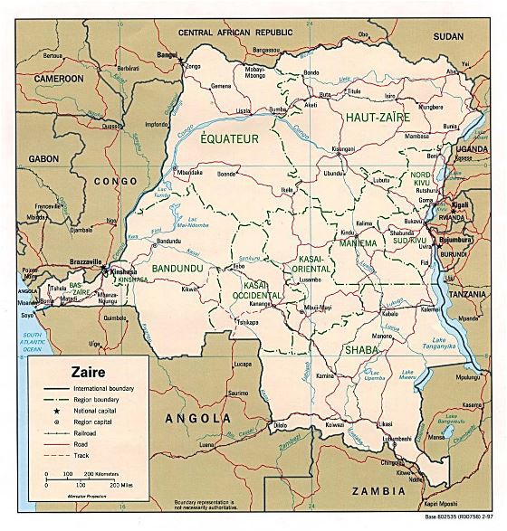 Detallado político y administrativo mapa de República Democrática del Congo con carreteras, ferrocarriles y principales ciudades - 1997