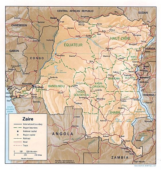 Detallado político y administrativo mapa de República Democrática del Congo con relieve, carreteras, ferrocarriles y principales ciudades - 1997