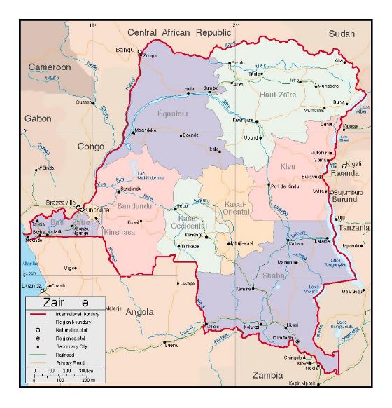 Detallado político y administrativo mapa de Zaire con carreteras, ferrocarriles y principales ciudades