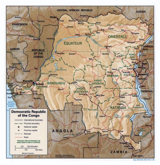 Grande detallado mapa político y administrativo de República Democrática del Congo con relieve, carreteras, ferrocarriles y principales ciudades - 1998