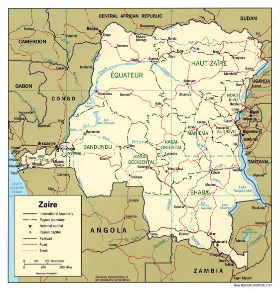 Grande detallado político y administrativo mapa de República Democrática del Congo con carreteras, ferrocarriles y las principales ciudades - 1997