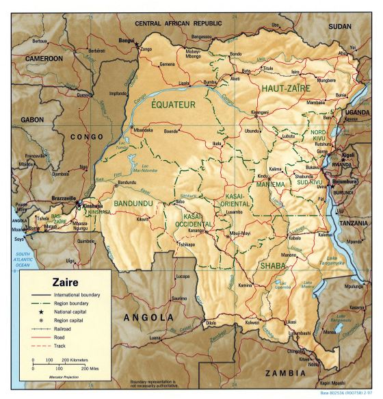 Grande detallado político y administrativo mapa de República Democrática del Congo con relieve, carreteras, ferrocarriles y principales ciudades - 1997