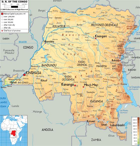 Grande físico mapa de República Democrática del Congo con carreteras, ciudades y aeropuertos