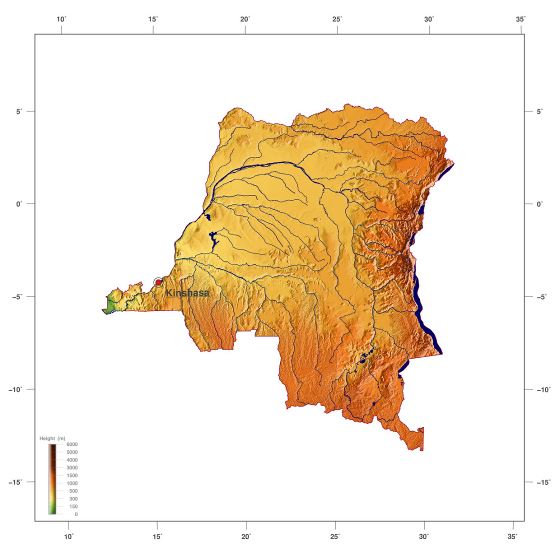 Grande mapa de elevación de República Democrática del Congo