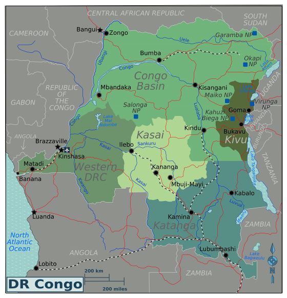 Grande mapa de regiones de República Democrática del Congo