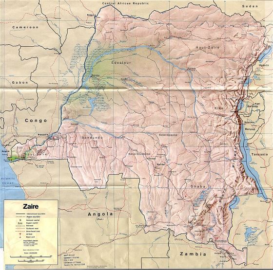 Grande mapa político de Zaire con relieve, carreteras, ferrocarriles, ciudades, puertos y aeropuertos