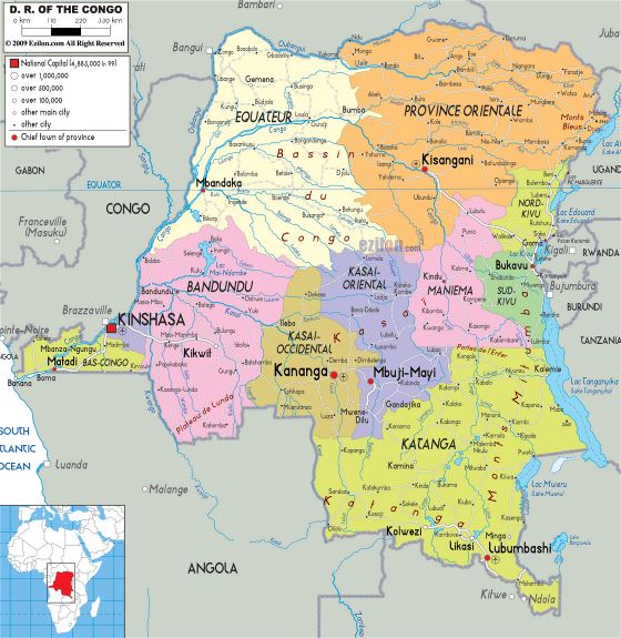 Grande mapa político y administrativo de República Democrática del Congo con carreteras, ciudades y aeropuertos