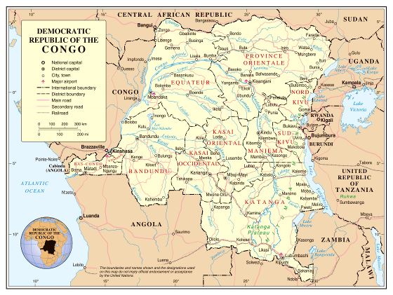 Grande mapa político y administrativo de República Democrática del Congo con carreteras, ferrocarriles, ciudades y aeropuertos