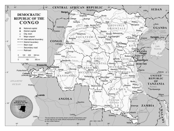 Grande político y administrativo mapa de República Democrática del Congo con carreteras, ferrocarriles, principales ciudades y aeropuertos