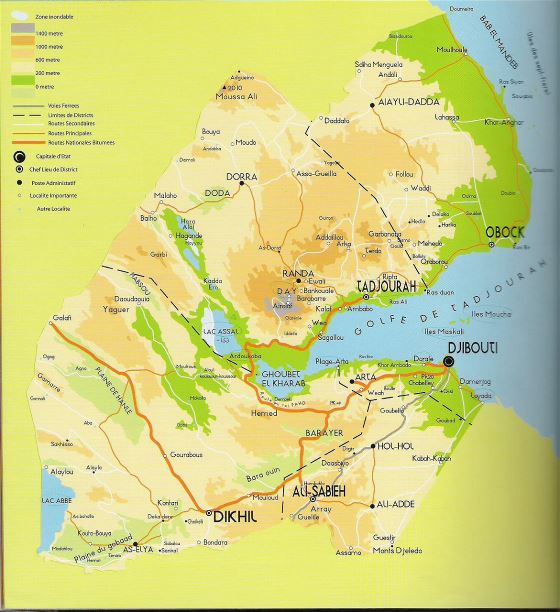 Detallado mapa de elevación de Yibuti con carreteras y ciudades
