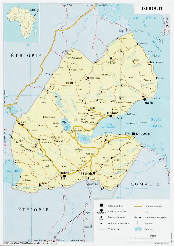 Detallado político mapa de Yibuti con carreteras, ferrocarriles, ciudades y aeropuertos