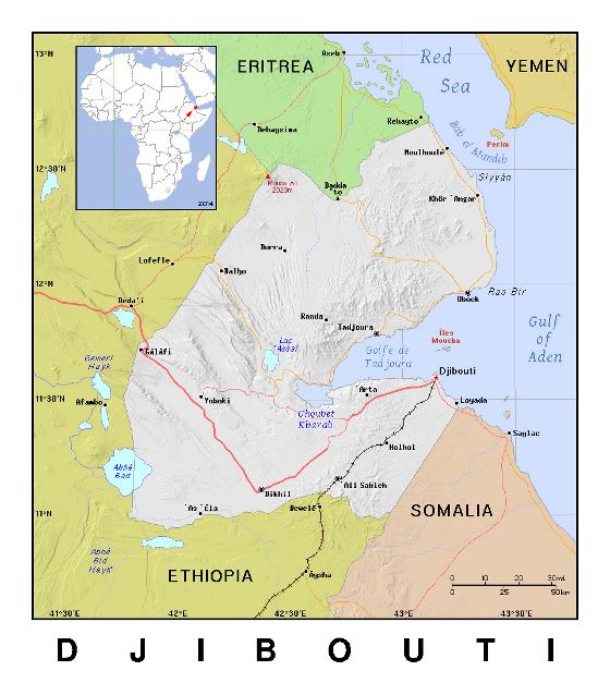 Detallado político mapa de Yibuti con relieve