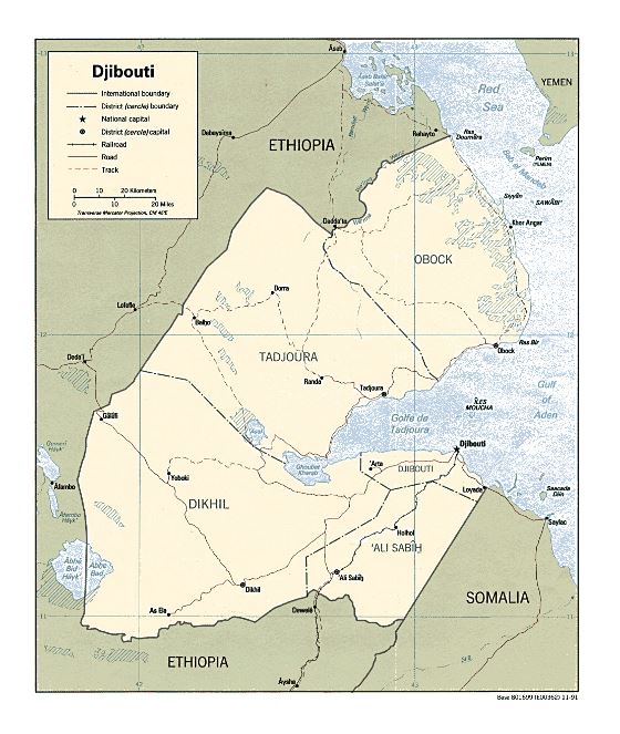 Detallado político y administrativo mapa de Yibuti con carreteras, ferrocarriles y principales ciudades - 1991
