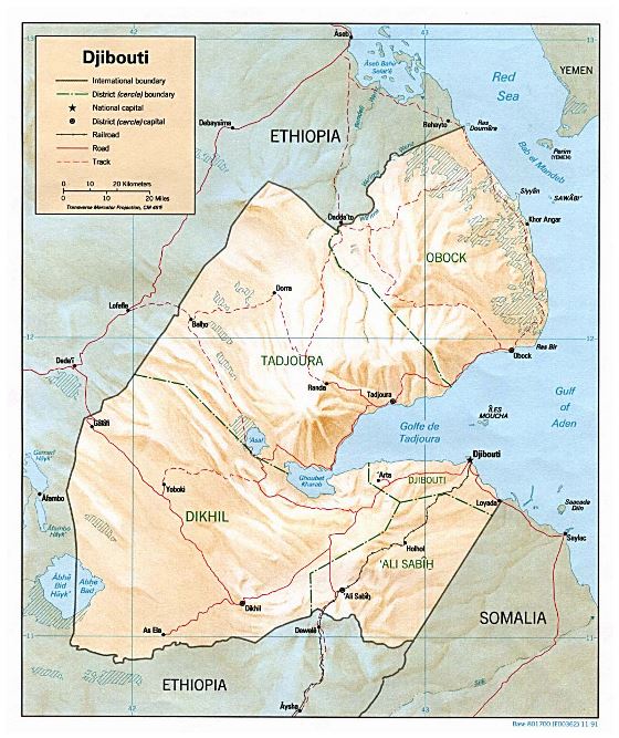 Detallado político y administrativo mapa de Yibuti con relieve, carreteras, ferrocarriles y principales ciudades - 1991