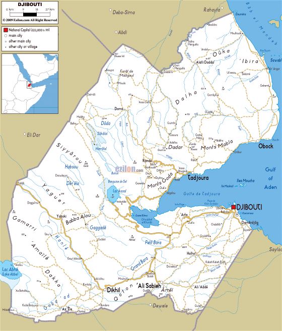 Grande carreteras mapa de Yibuti con ciudades y aeropuertos