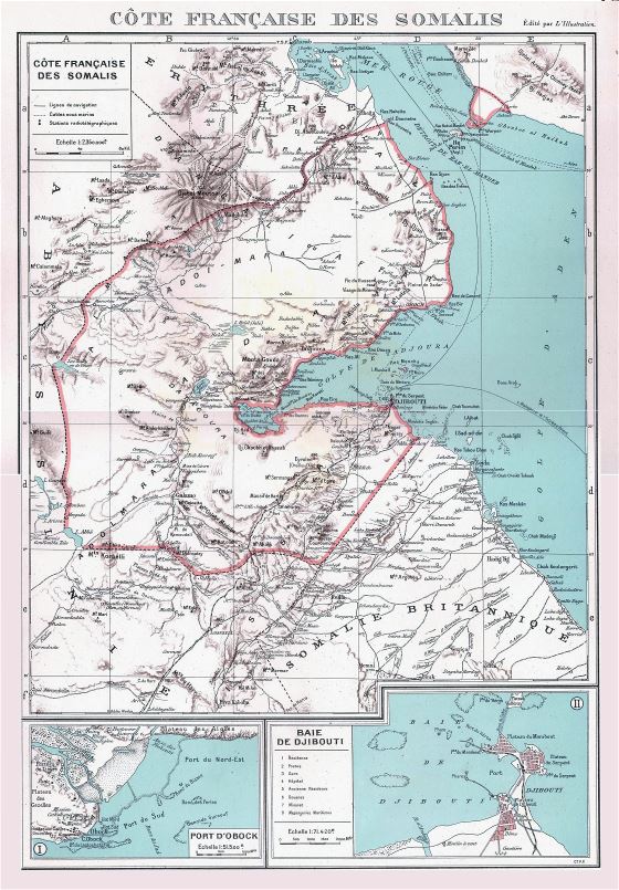 Grande detallado antiguo mapa de Yibuti con relieve