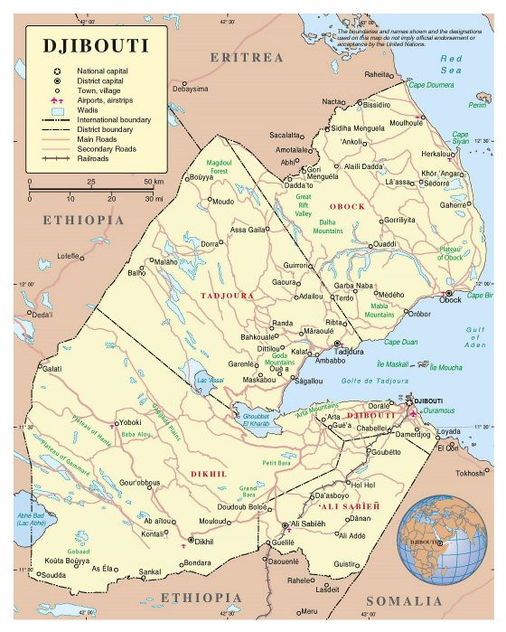Grande detallado mapa político y administrativo de Yibuti con carreteras, ferrocarriles, ciudades y aeropuertos