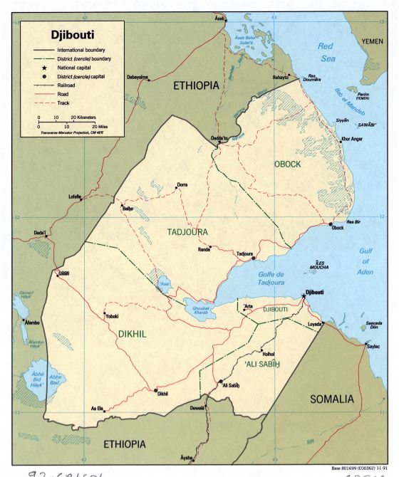 Grande detallado mapa político y administrativo de Yibuti con carreteras, ferrocarriles y principales ciudades - 1991